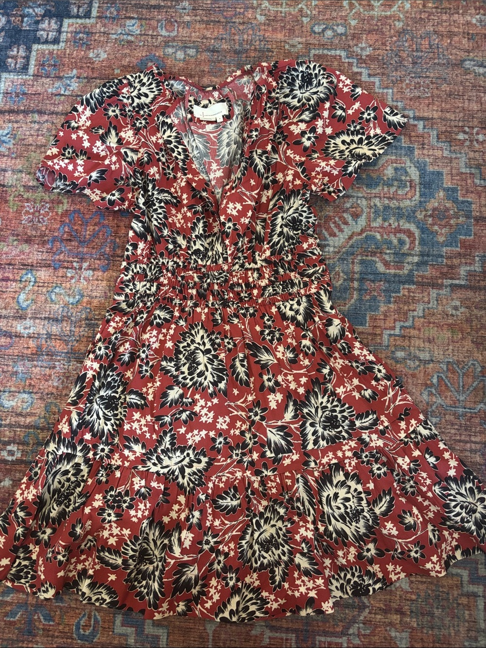 Anthropologie Rust Red Floral V-Neck Midi Dress